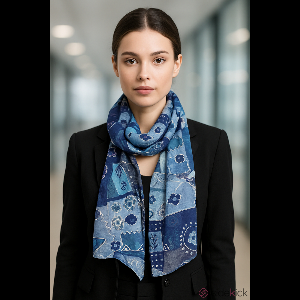 Echo Blue 100% Silk Patchwork Floral Scarf 16" X 64"